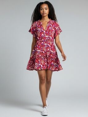 Anthropologie Robin Tiered Ruffle Mini Dress Red Ikat Floral Viscose Boho Medium